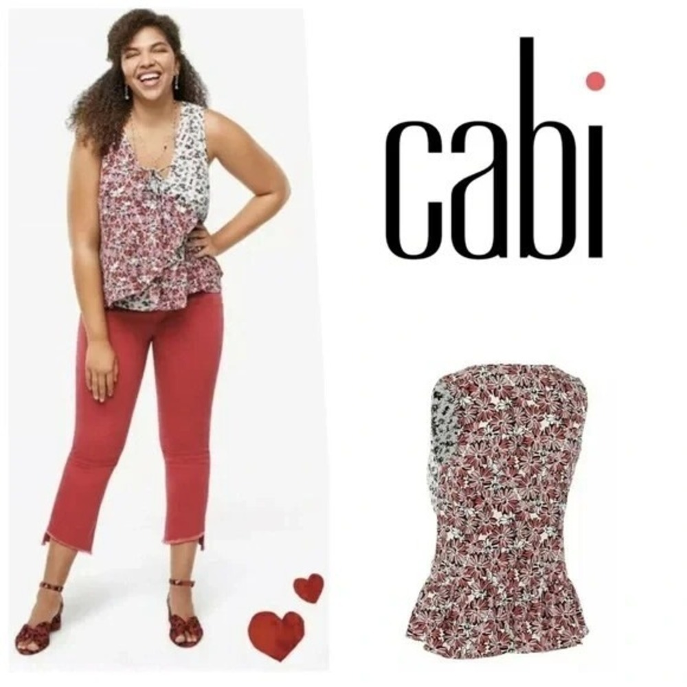 CAbi‎ Seraphina Top Womens Size M #5730 Floral Red White Short Sleeve